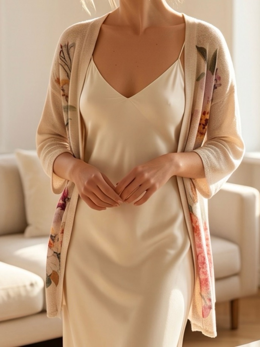 Floral Cream Open-Front Cardigan Sweater - Picture 2 of 11